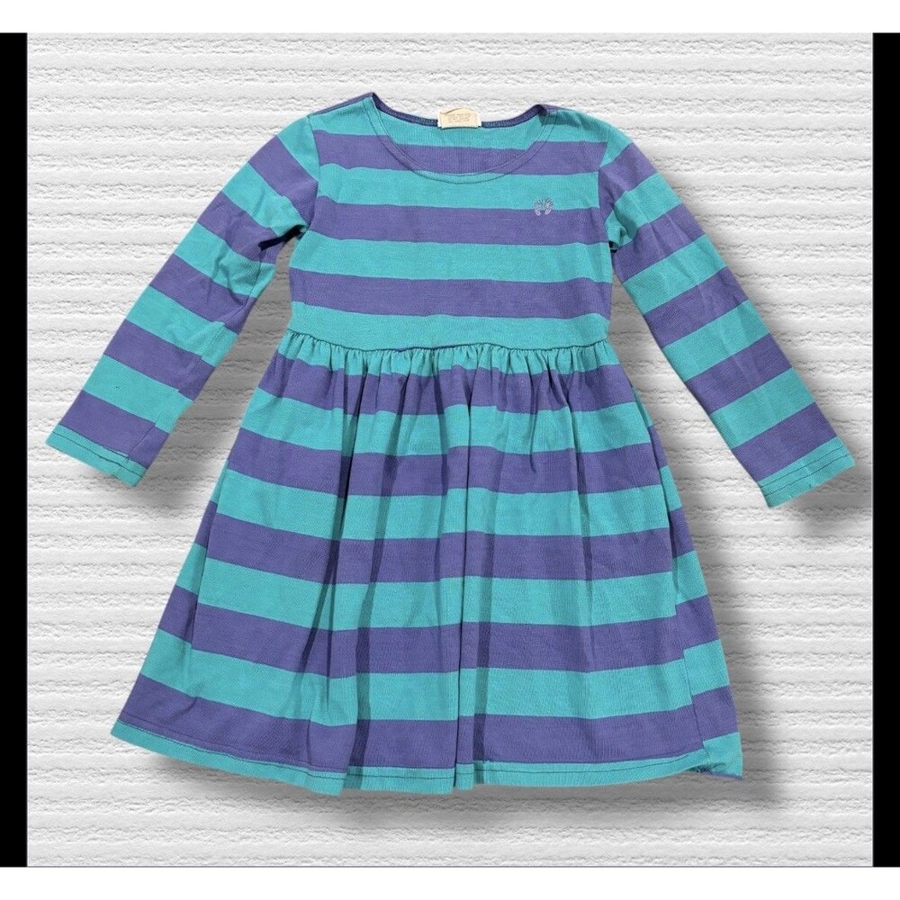 Vintage Hang Ten 80s Girls Striped Dress Teal Purple Long Sleeve Made USA